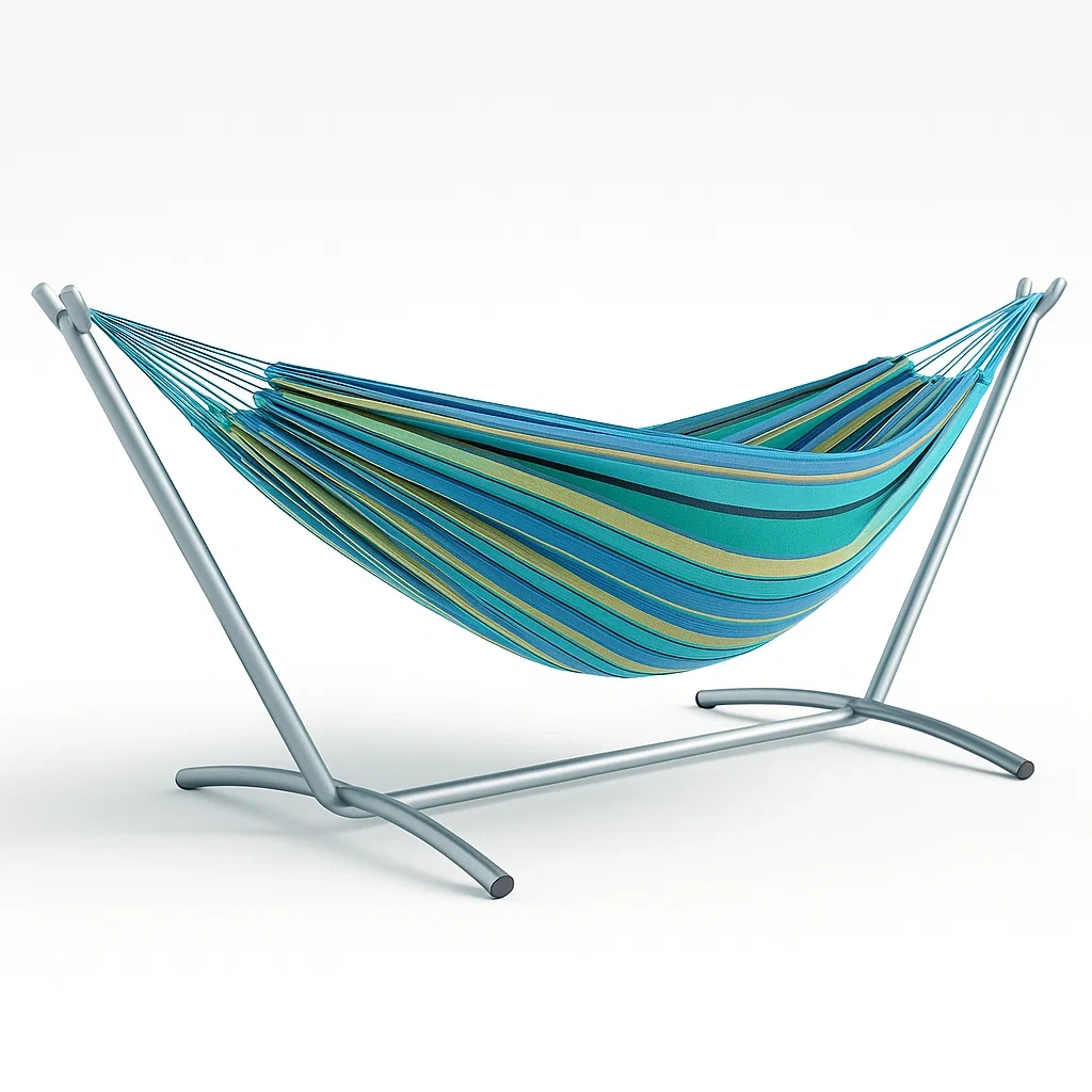 Hamac avec support métal rayé bleu vert