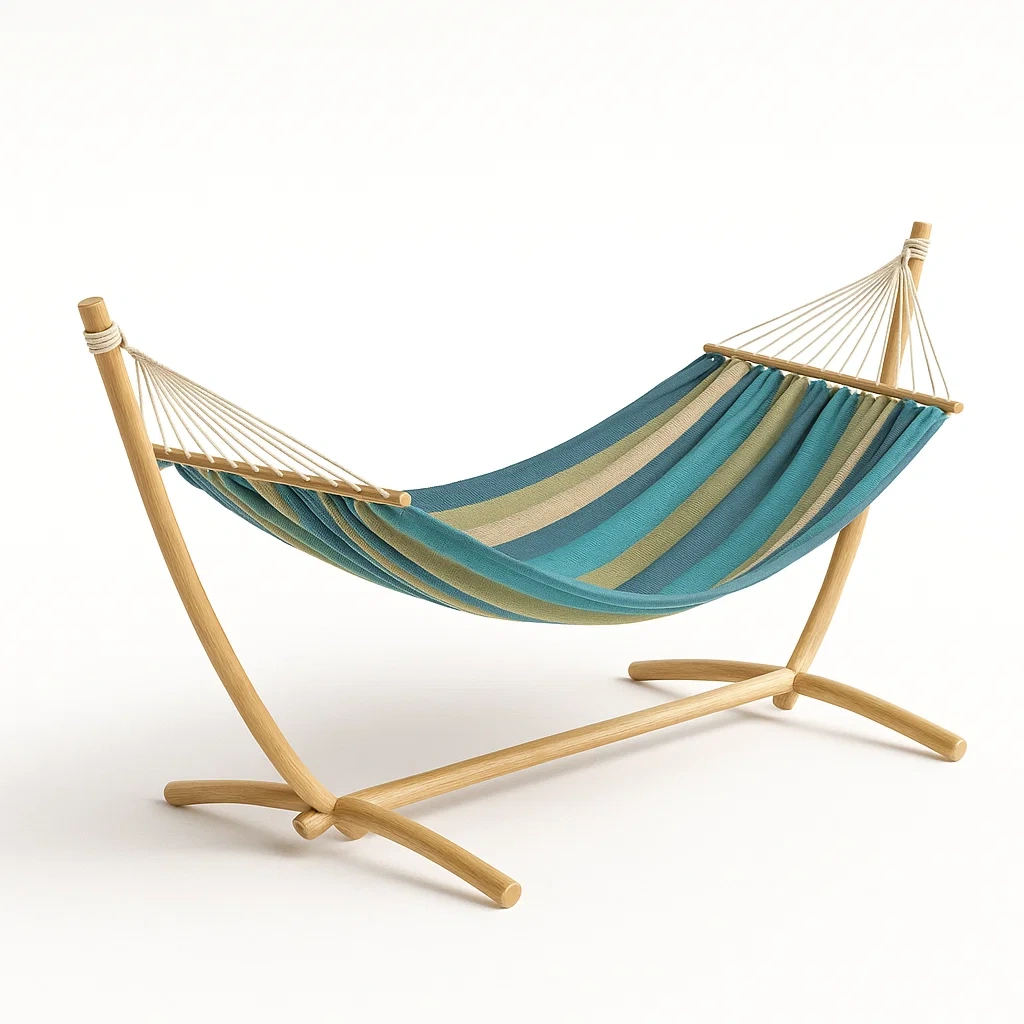 Hamac en bois avec tissu rayé coton bleu/vert