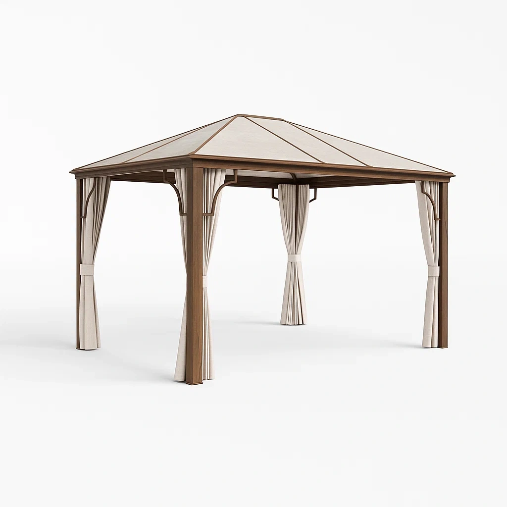 Pavillon de jardin aluminium avec rideaux beige