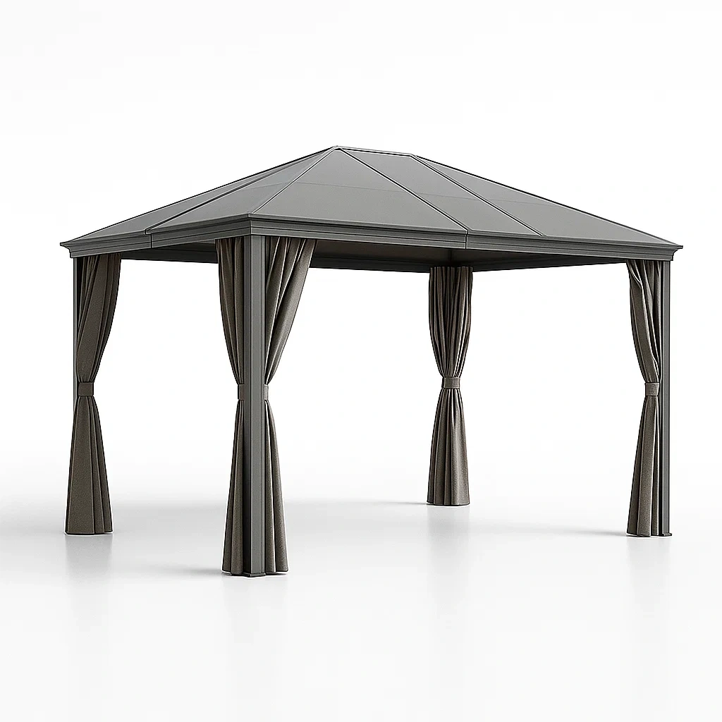 Pavillon de jardin en aluminium avec rideaux en polyester gris