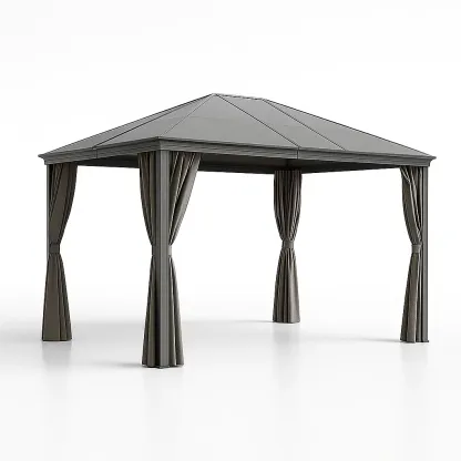 Pavillon de jardin en aluminium avec rideaux en polyester gris