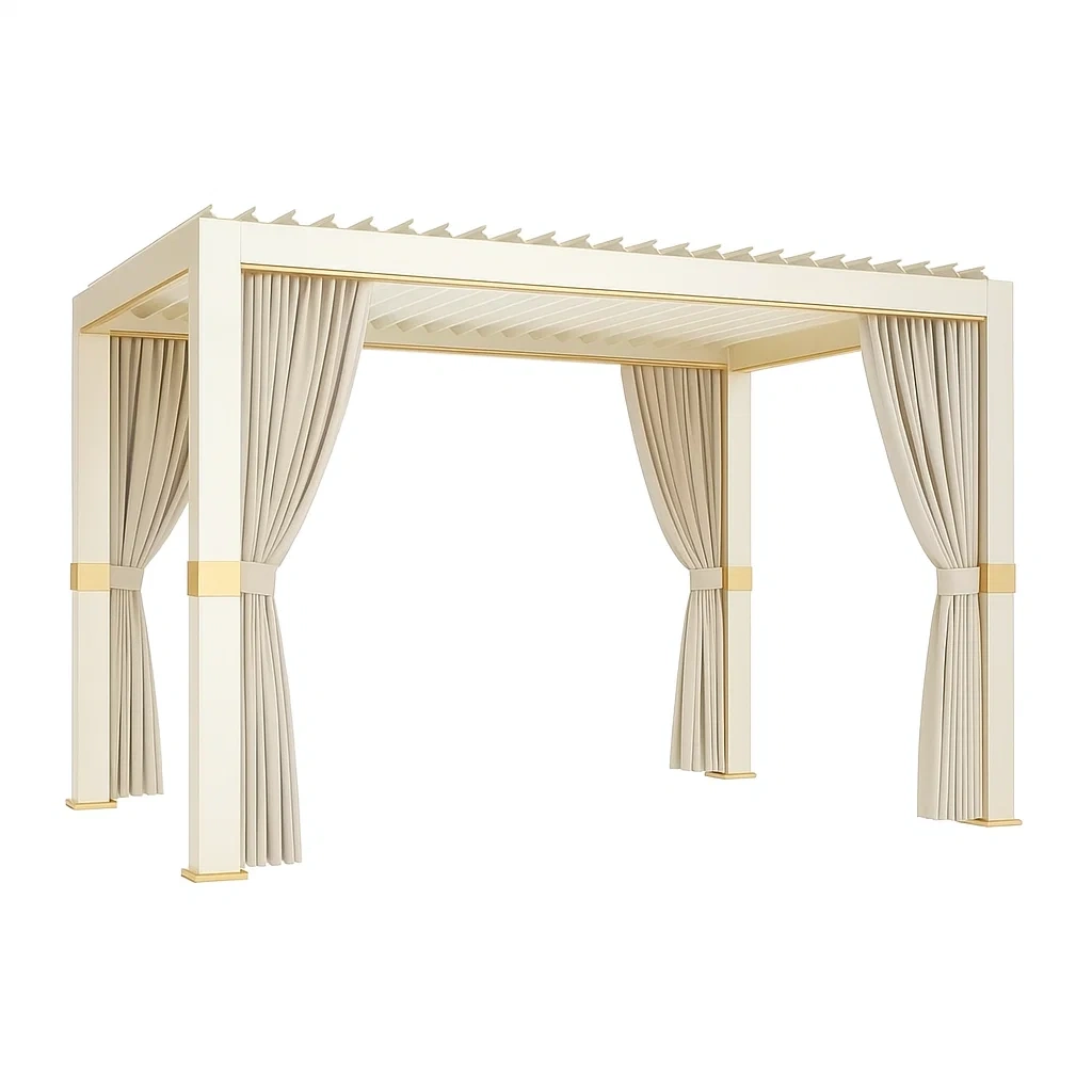 Pergola en aluminium avec rideaux en polyester