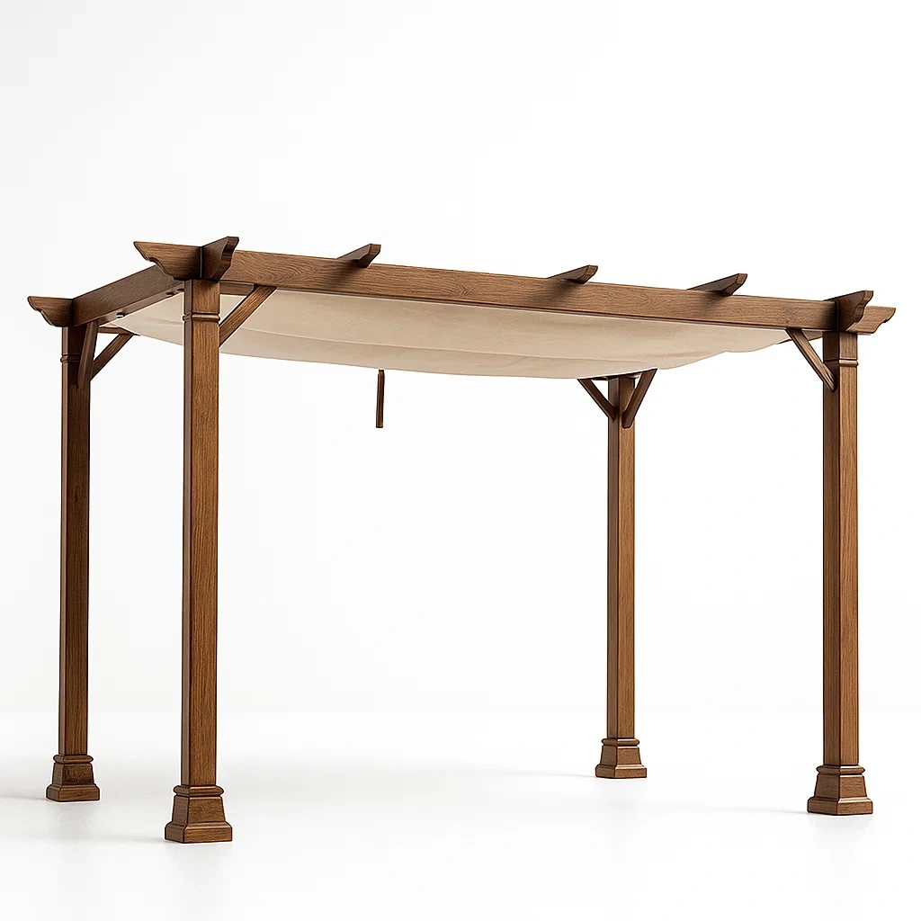 Pergola en bois et acier avec tissu beige