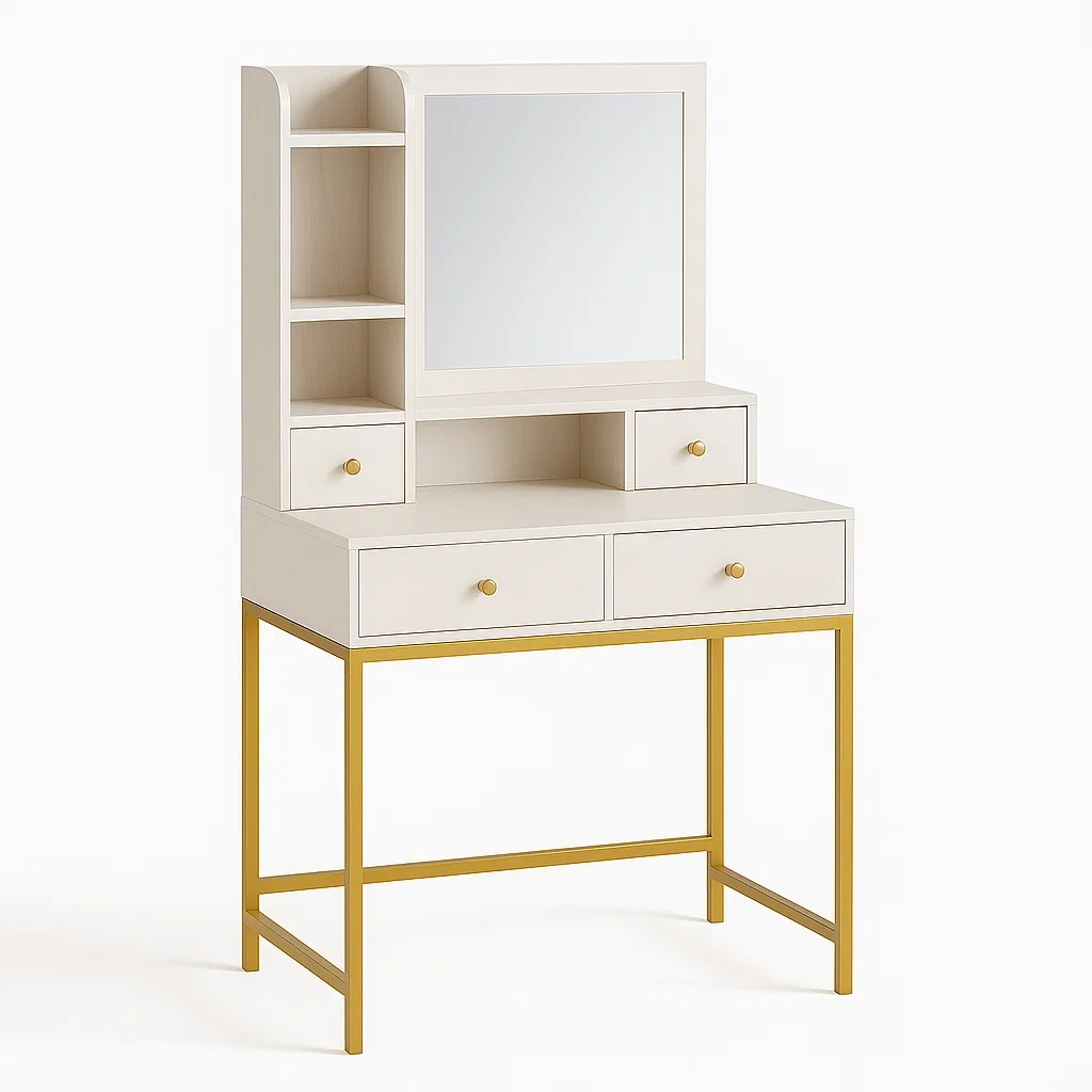 Coiffeuse en MDF et métal blanc et doré avec miroir