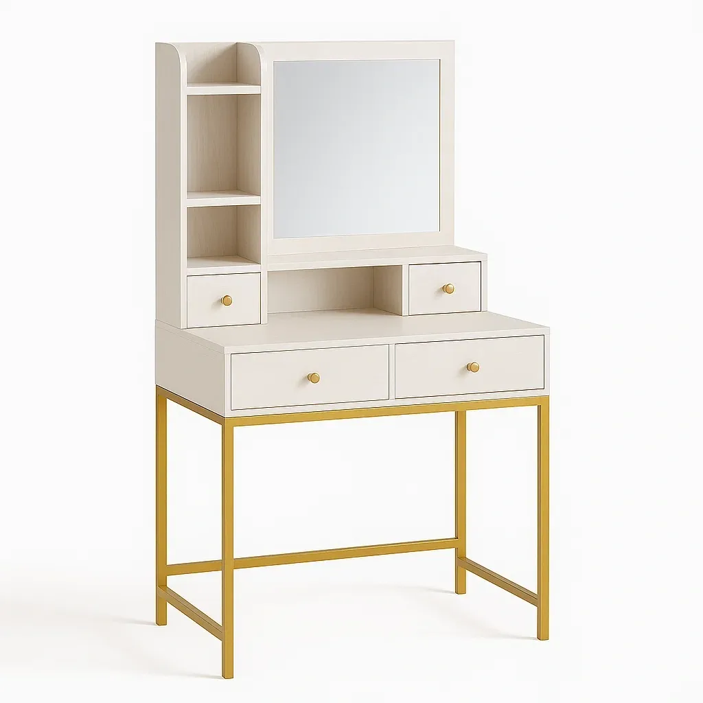 Coiffeuse en MDF et métal blanc et doré avec miroir