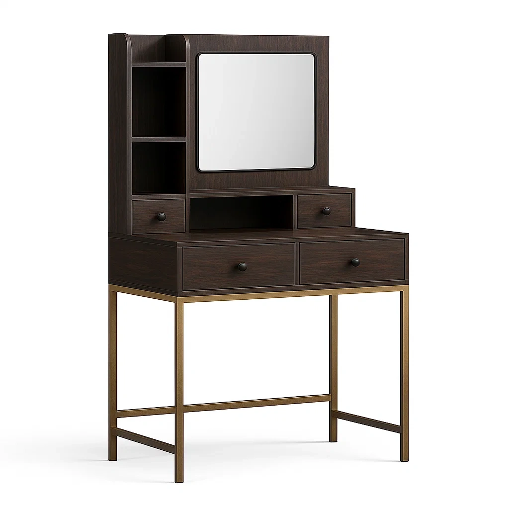 Coiffeuse en bois brun avec miroir et rangement en métal