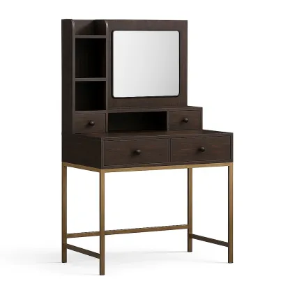 Coiffeuse en bois brun avec miroir et rangement en métal