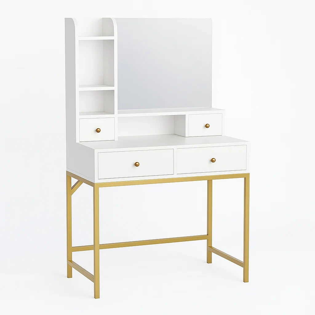 Coiffeuse en bois et métal avec miroir blanc et or