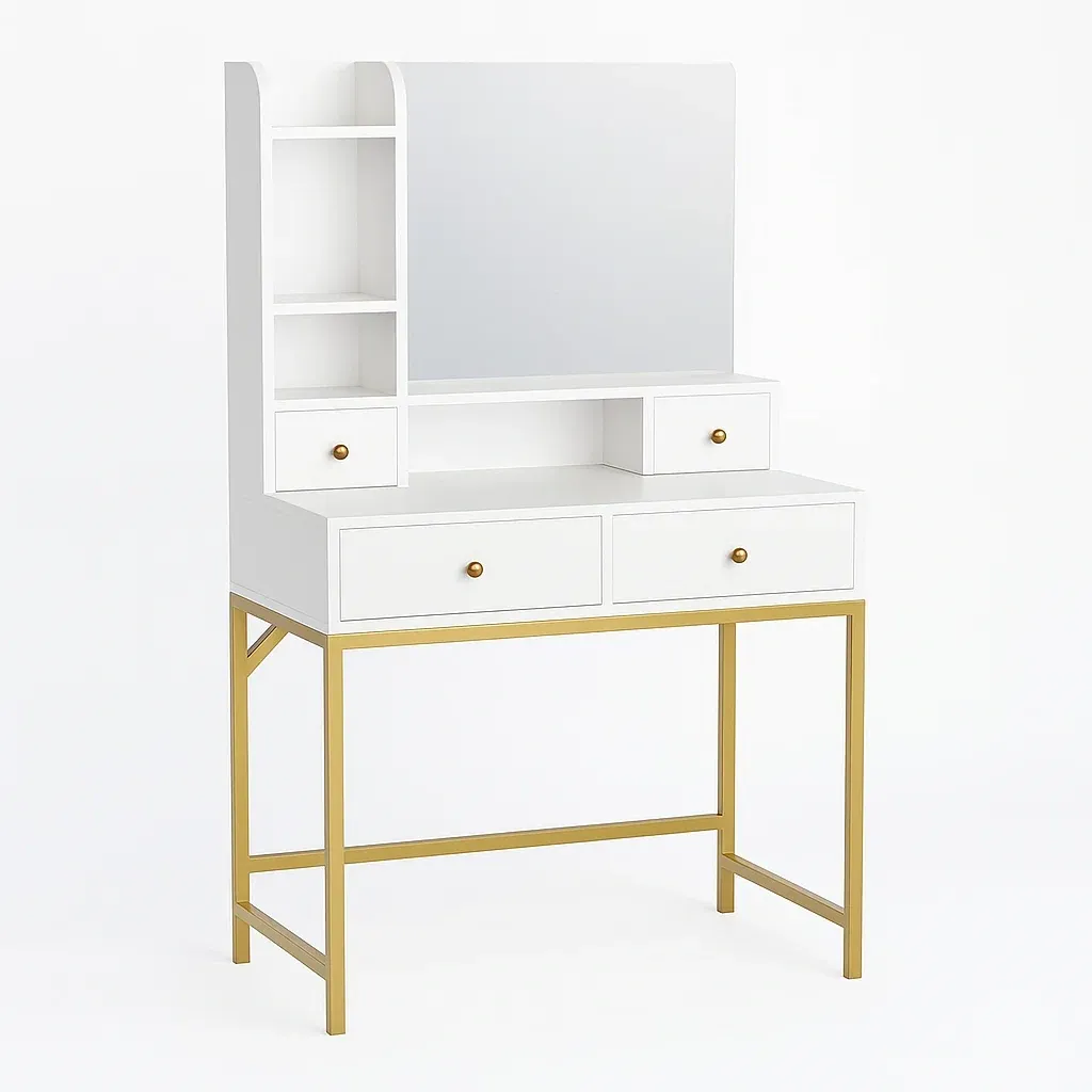 Coiffeuse en bois et métal avec miroir blanc et or