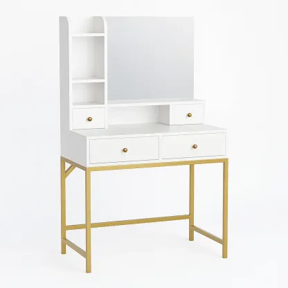 Coiffeuse en bois et métal avec miroir blanc et or