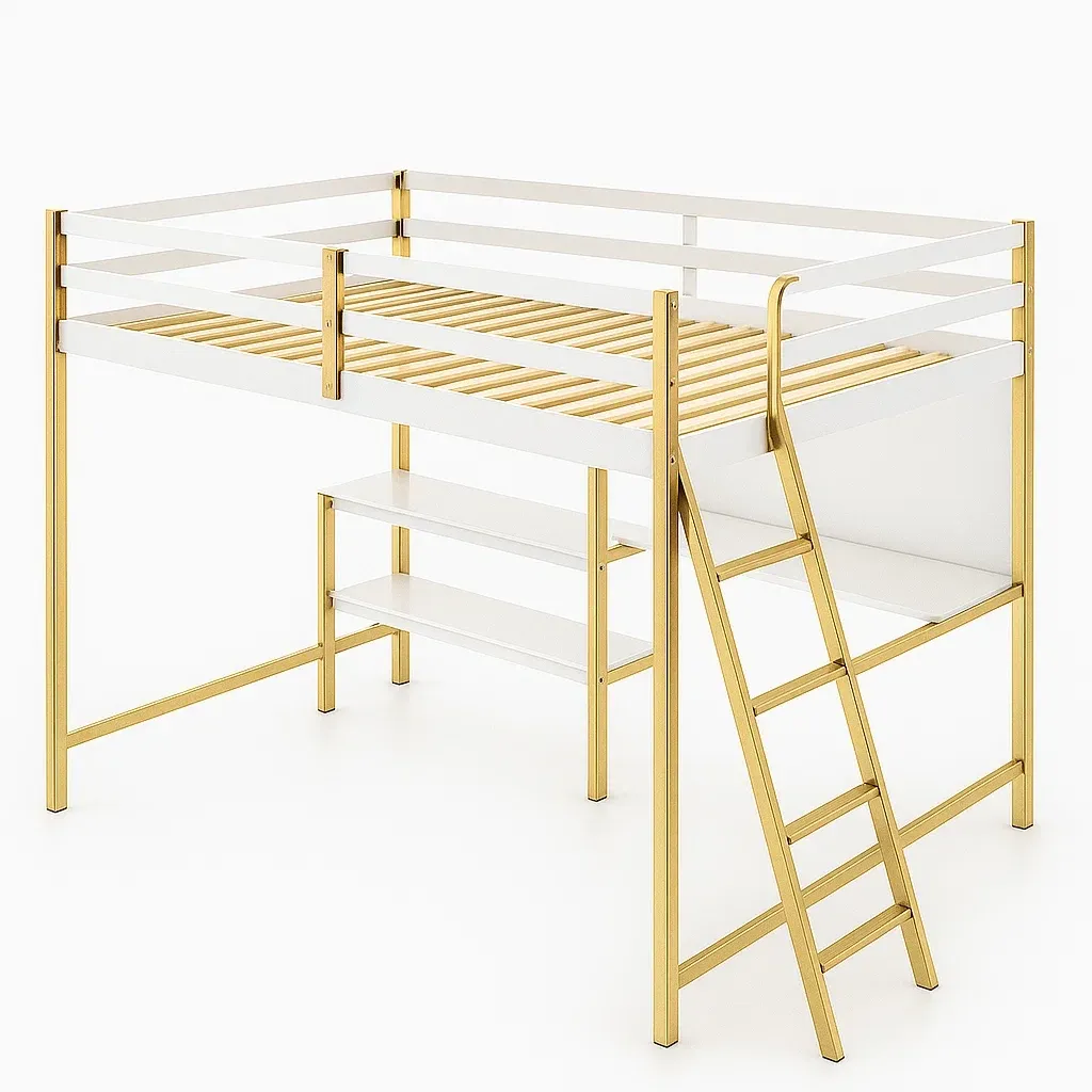Lit mezzanine en métal et bois blanc et doré avec échelle intégrée