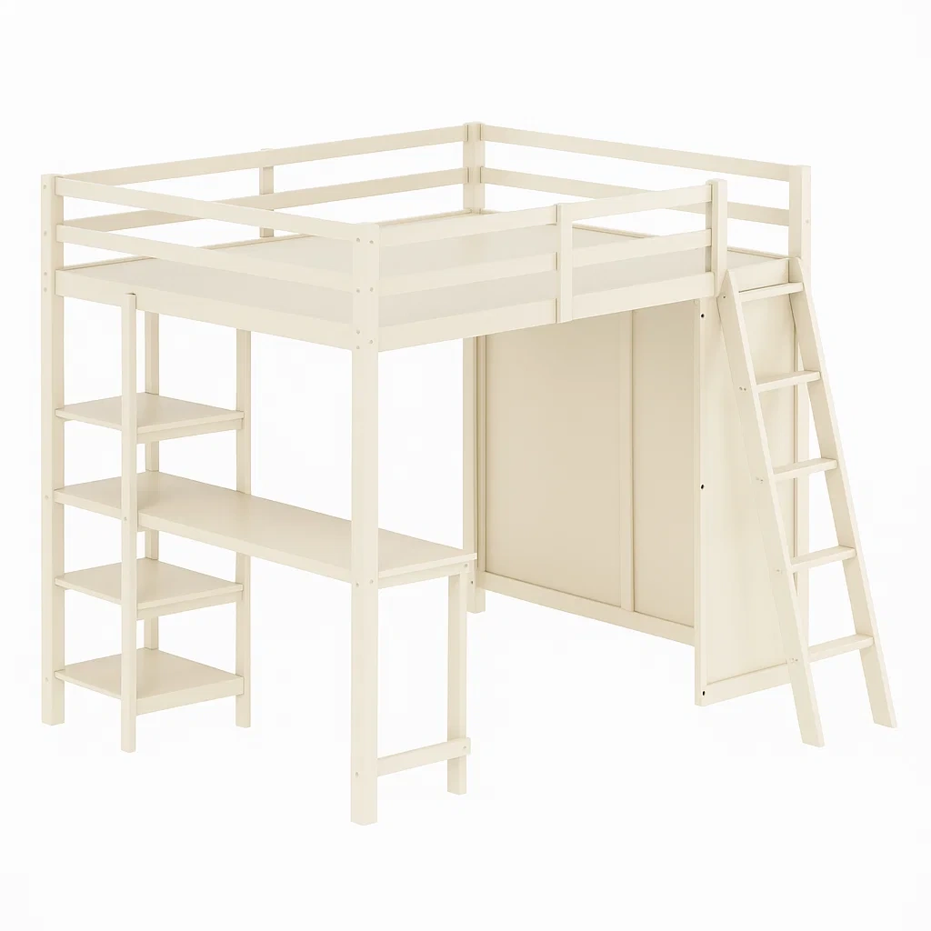 Lit mezzanine en bois avec bureau et étagères 200×90×150 cm