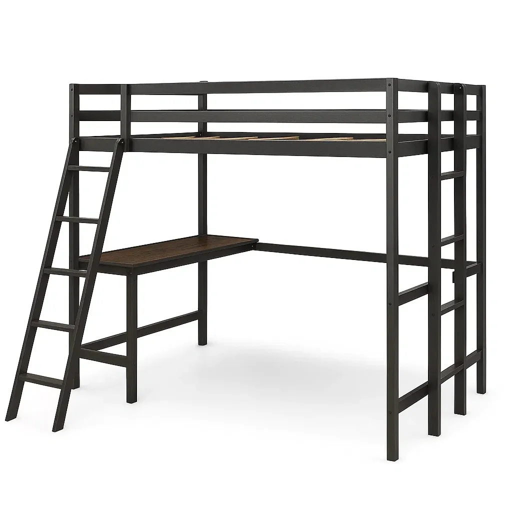 Lit mezzanine en métal avec bureau intégré noir et marron foncé
