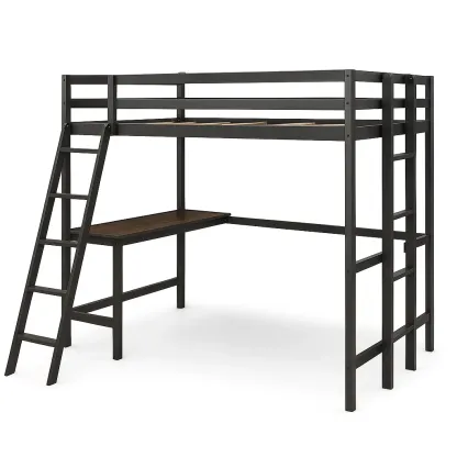 Lit mezzanine en métal avec bureau intégré noir et marron foncé