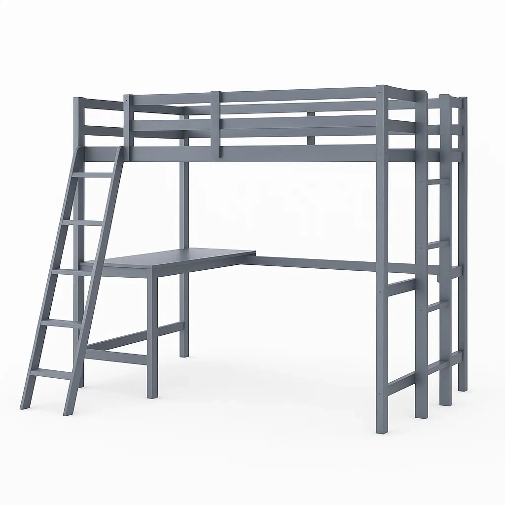 Lit mezzanine en métal gris avec bureau et échelle 200×140×180 cm