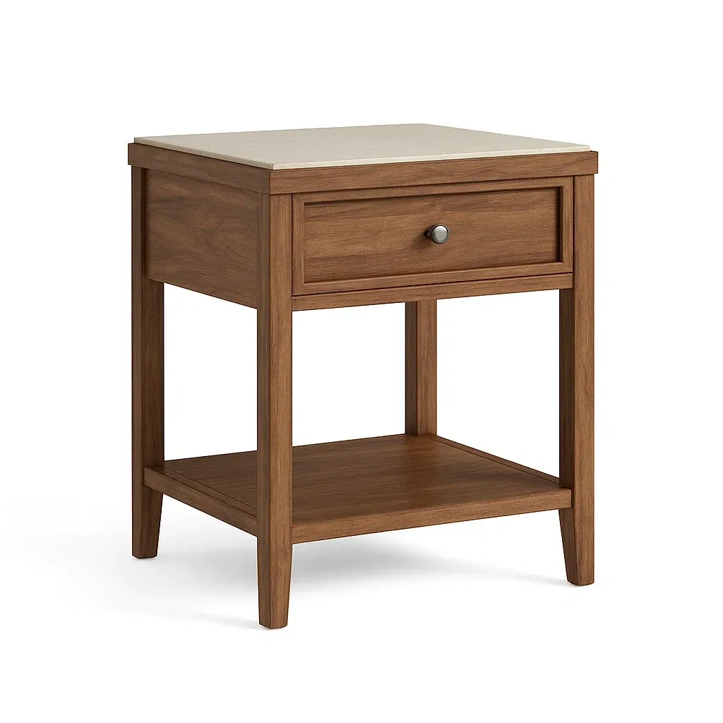 Table de chevet en bois avec un tiroir et étagère en chêne