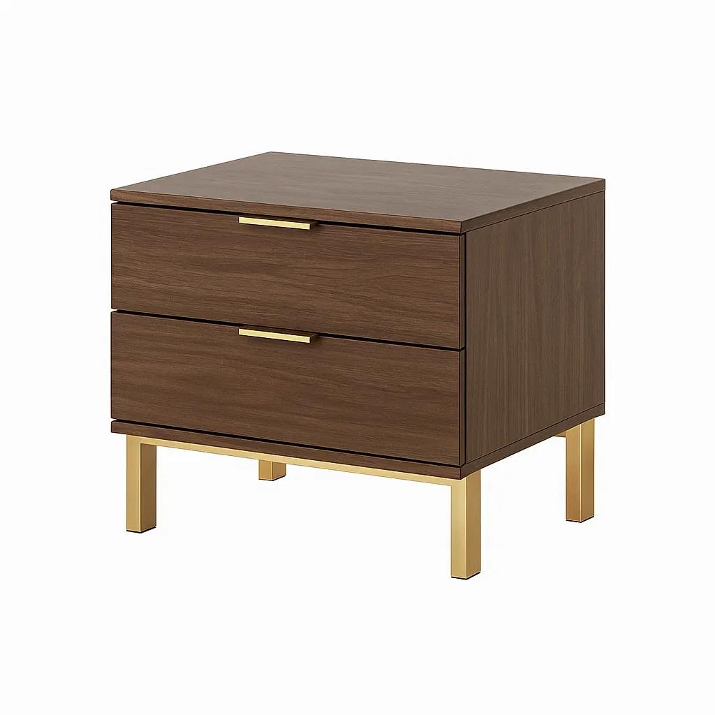 Table de chevet 2 tiroirs en bois MDF noyer avec pieds en métal doré 60×45×40 cm