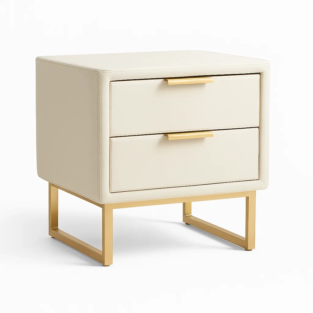 Table de chevet en cuir synthétique crème avec tiroirs et cadre en métal doré
