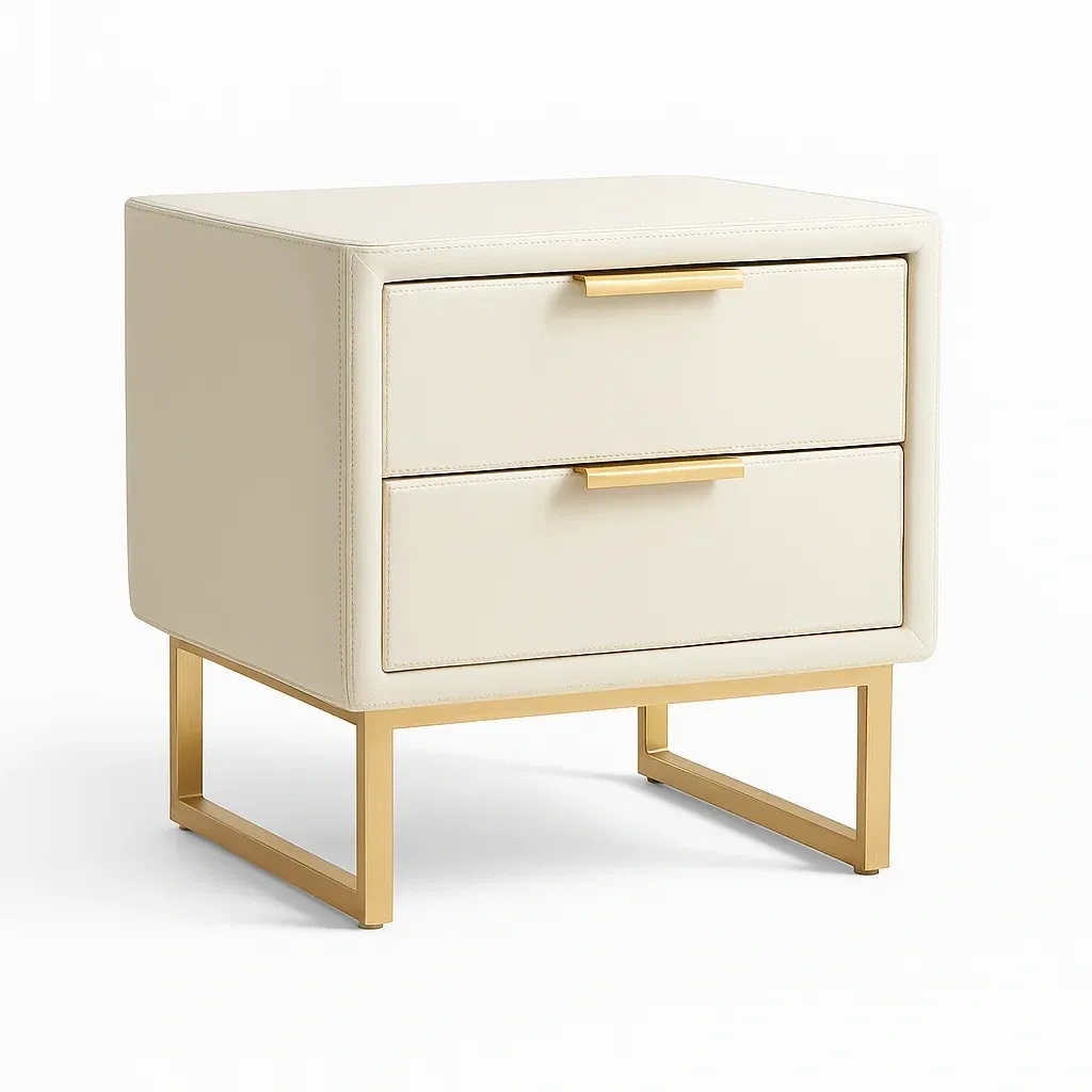Table de chevet en cuir synthétique crème avec tiroirs et cadre en métal doré