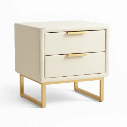 Table de chevet en cuir synthétique crème avec tiroirs et cadre en métal doré