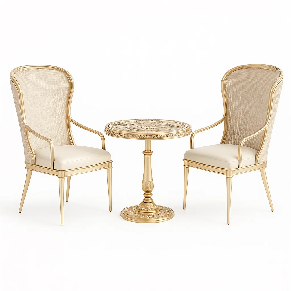 Ensemble de salon table et chaises en métal doré et tissu beige pour intérieur