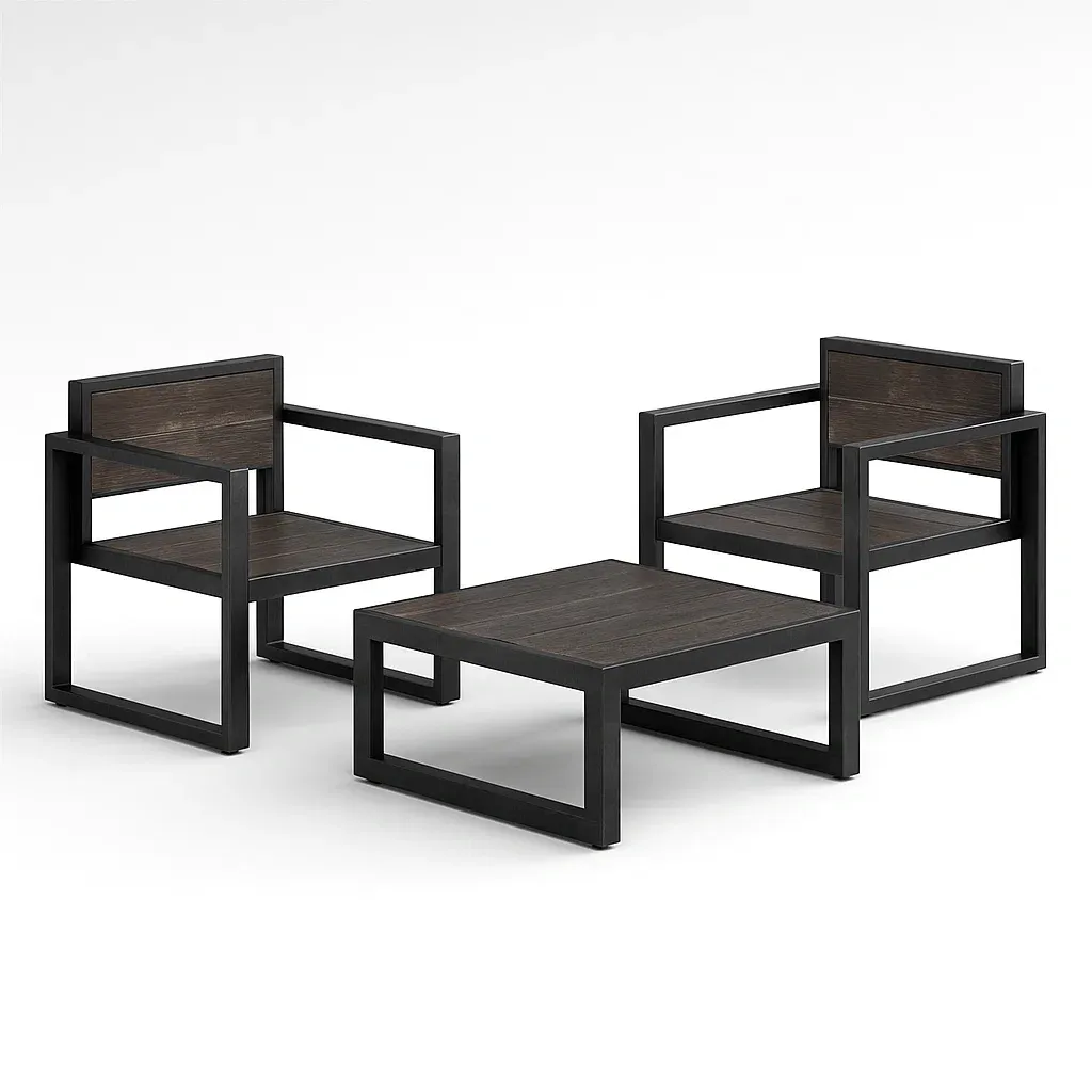 Ensemble de salon de jardin compact en métal et bois marron foncé/noir