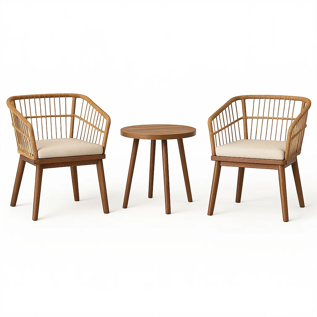 Ensemble de salon de jardin compact en bois et rotin avec 2 chaises et une table ronde