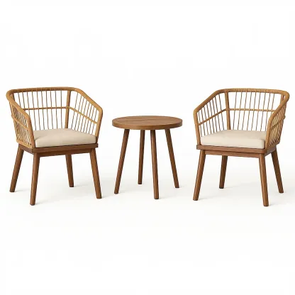 Ensemble de salon de jardin compact en bois et rotin avec 2 chaises et une table ronde