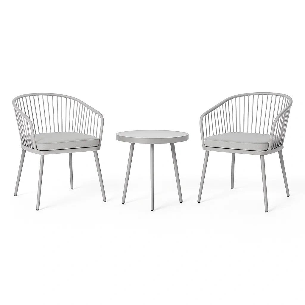 Ensemble de salon de jardin compact 3 pièces en aluminium gris avec coussins