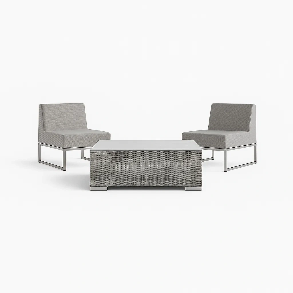 Ensemble de salon de jardin compact 3 pièces en résine tressée et acier gris