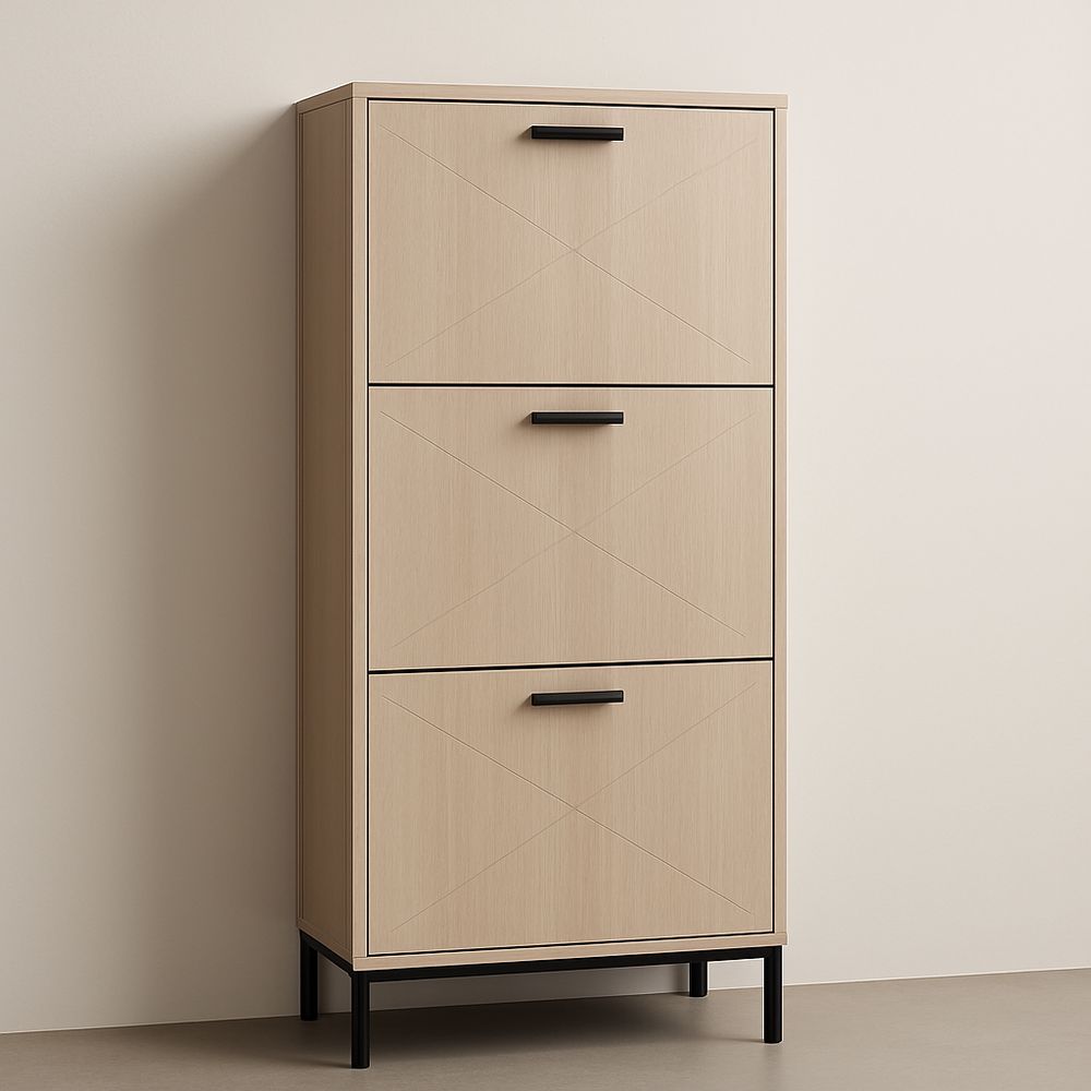 Armadio portascarpe 3 ante legno chiaro e metallo