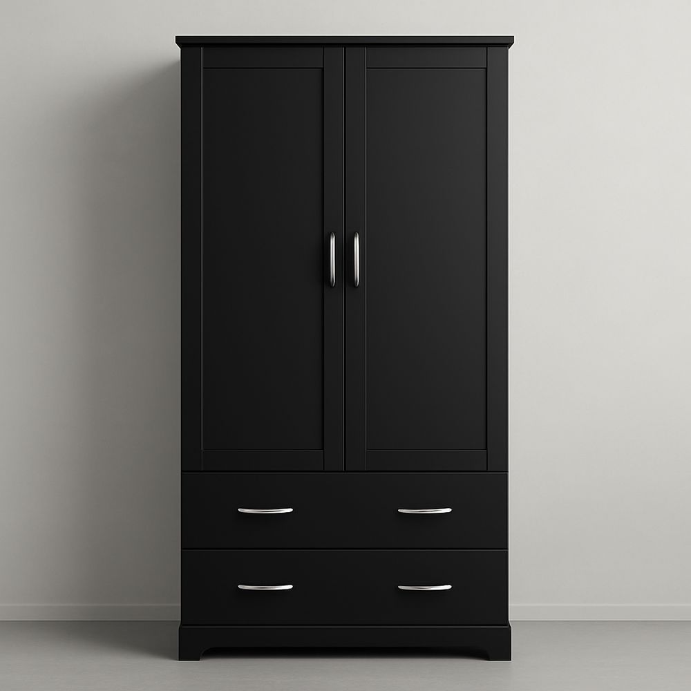 Armadio Nero in Legno con Due Ante e Due Cassetti 180x80x50 cm