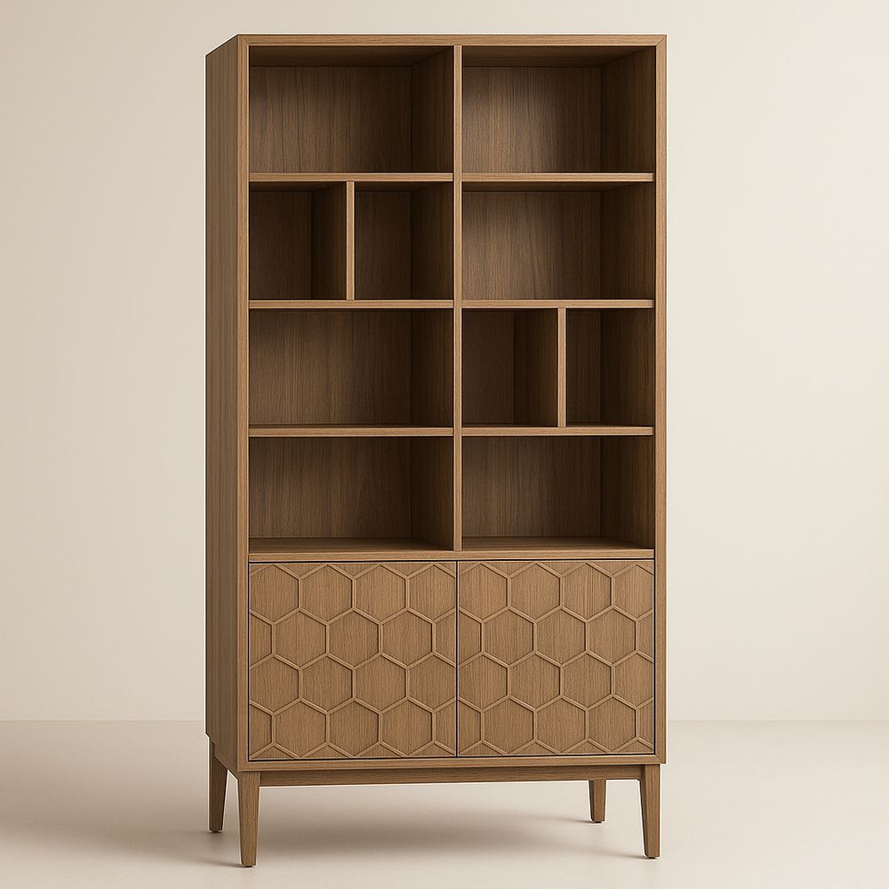 Libreria geometrica in legno di quercia con ante