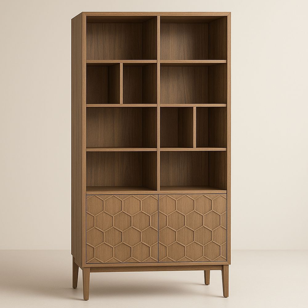 Libreria geometrica in legno di quercia con ante