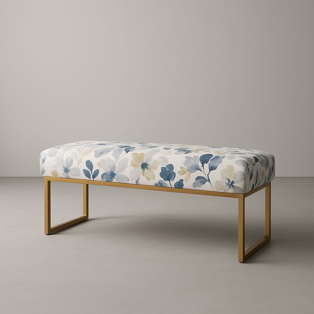 Panca imbottita floreale tessuto metallo dorato 120x45x45 cm
