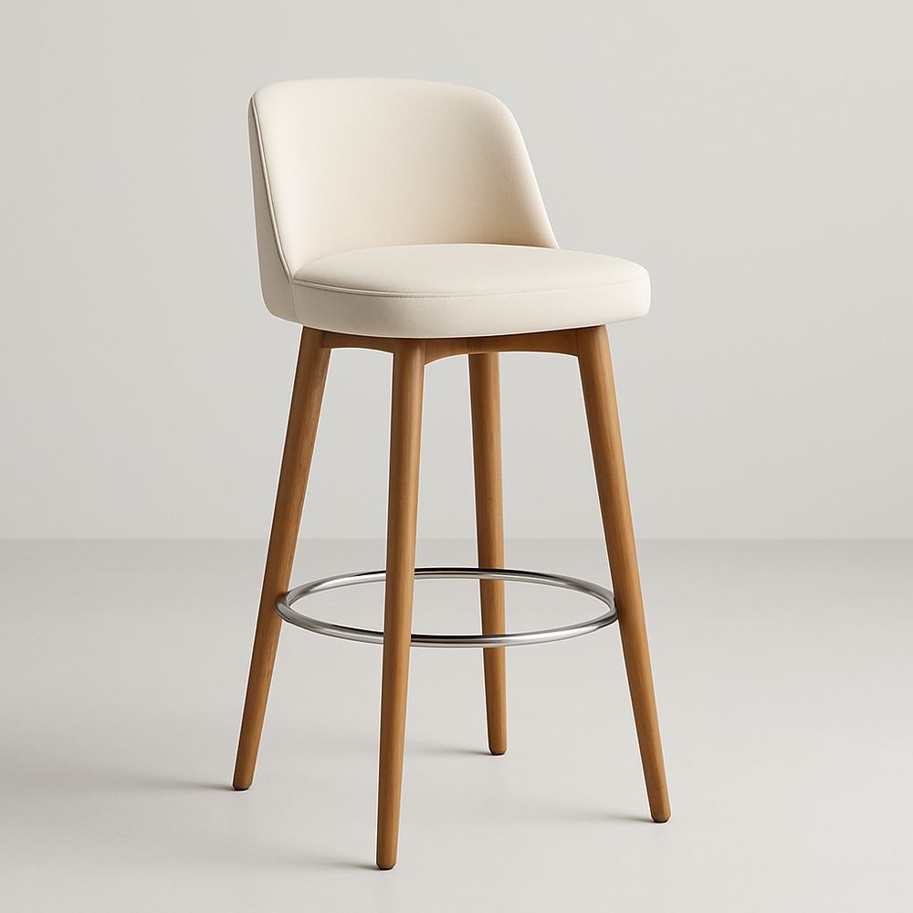 Sgabello da Bar in Legno con Seduta in Tessuto Beige