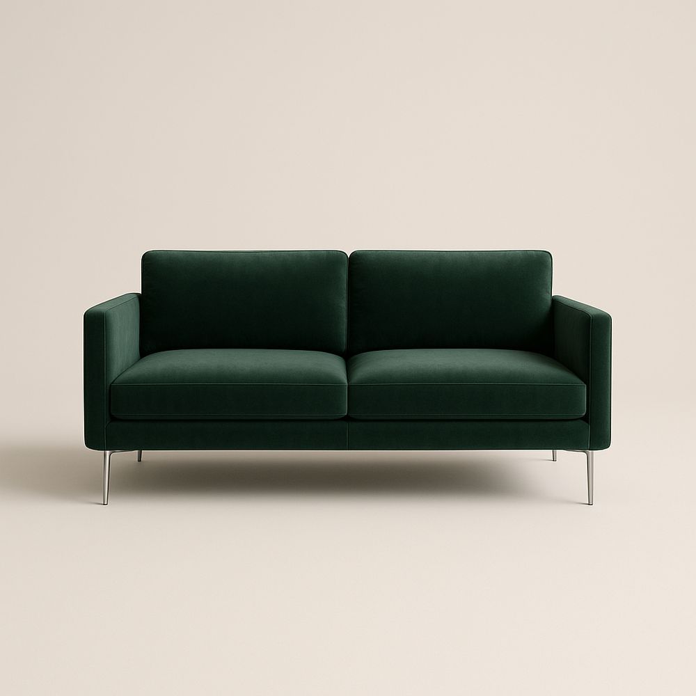 Divano tre posti in velluto verde con piedi in metallo