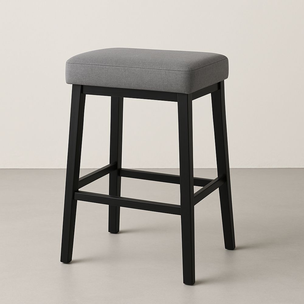 Sgabello imbottito in poliestere grigio con struttura in legno nero