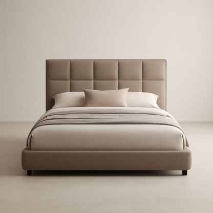 Letto matrimoniale in poliestere beige con testiera quadrata