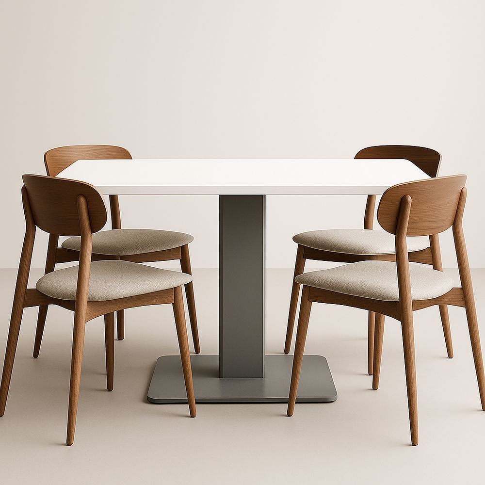 Set Tavolo Bianco in MDF e Sedie in Legno con Seduta in Tessuto