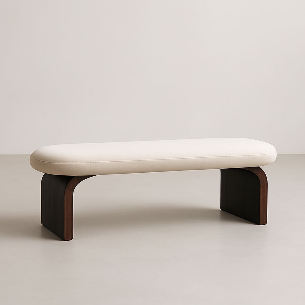 Panca rettangolare in tessuto bianco con base in legno