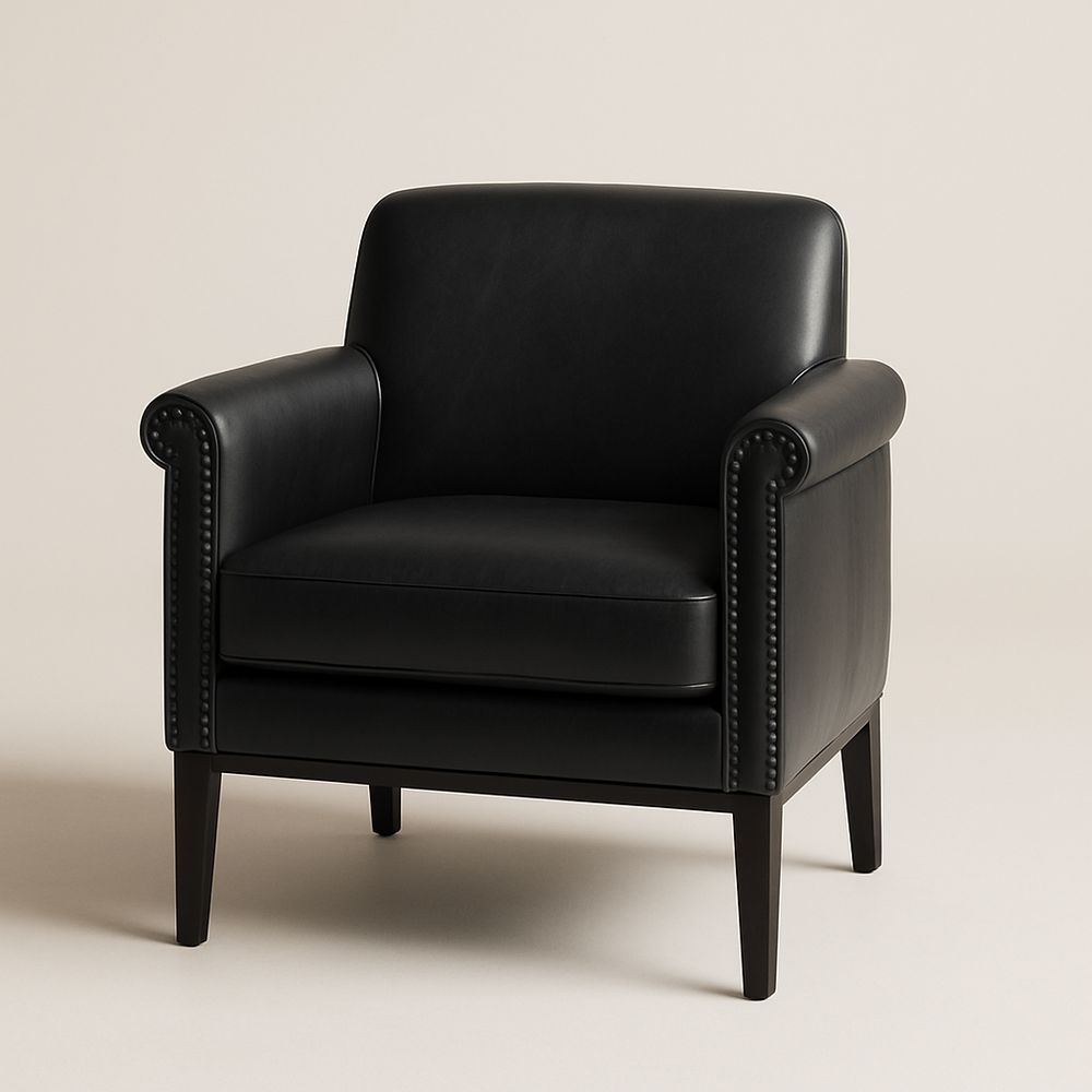 Poltrona in Pelle Nera con Gambe in Legno