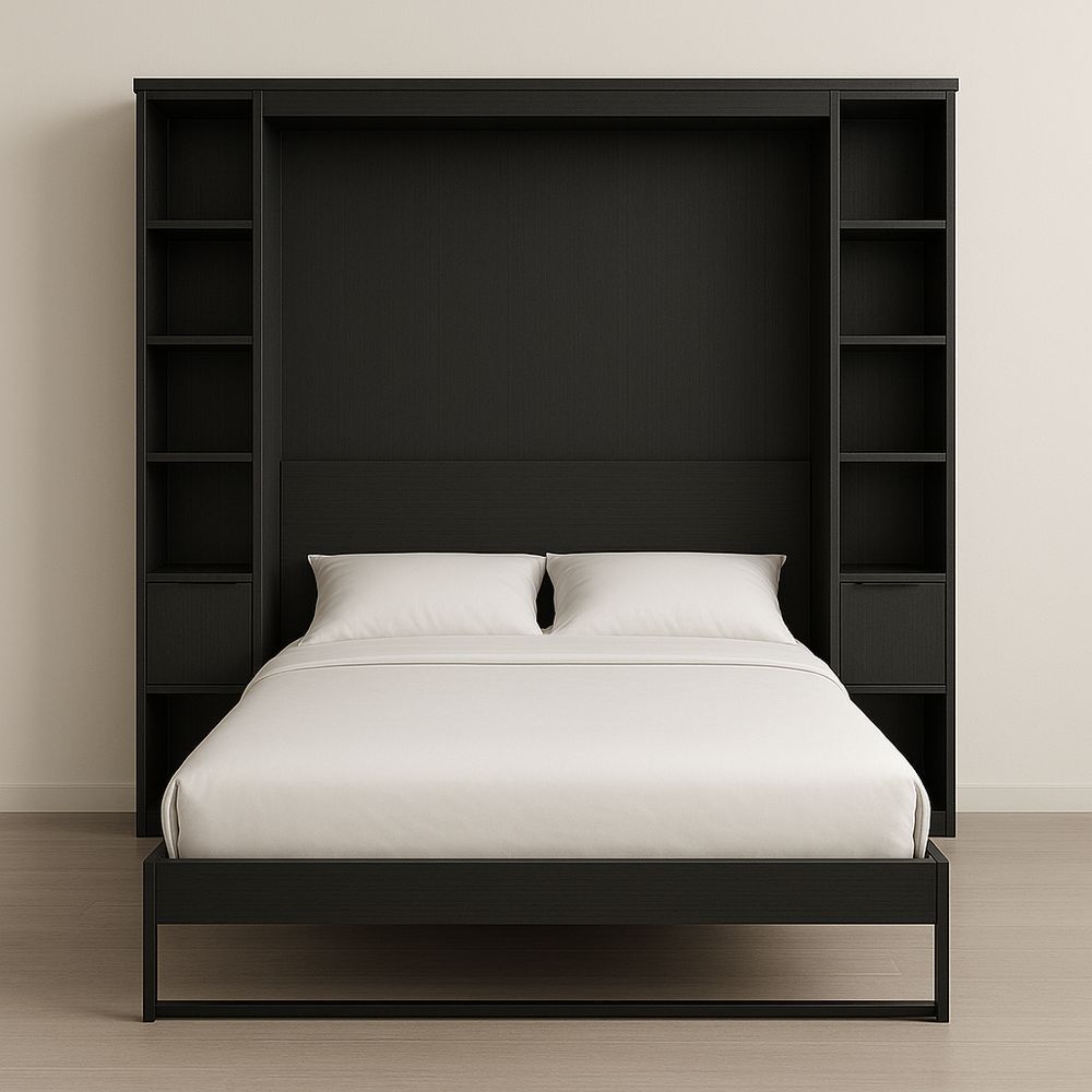 Letto matrimoniale in legno nero con contenitore e libreria laterale