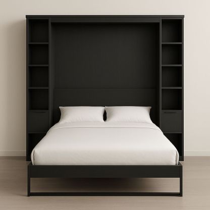 Letto matrimoniale in legno nero con contenitore e libreria laterale