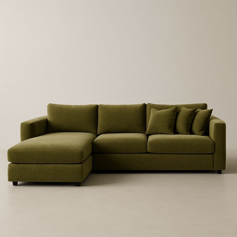 Divano angolare in tessuto poliestere verde oliva con chaise longue