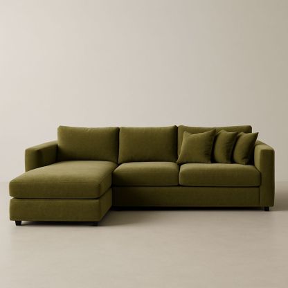 Divano angolare in tessuto poliestere verde oliva con chaise longue