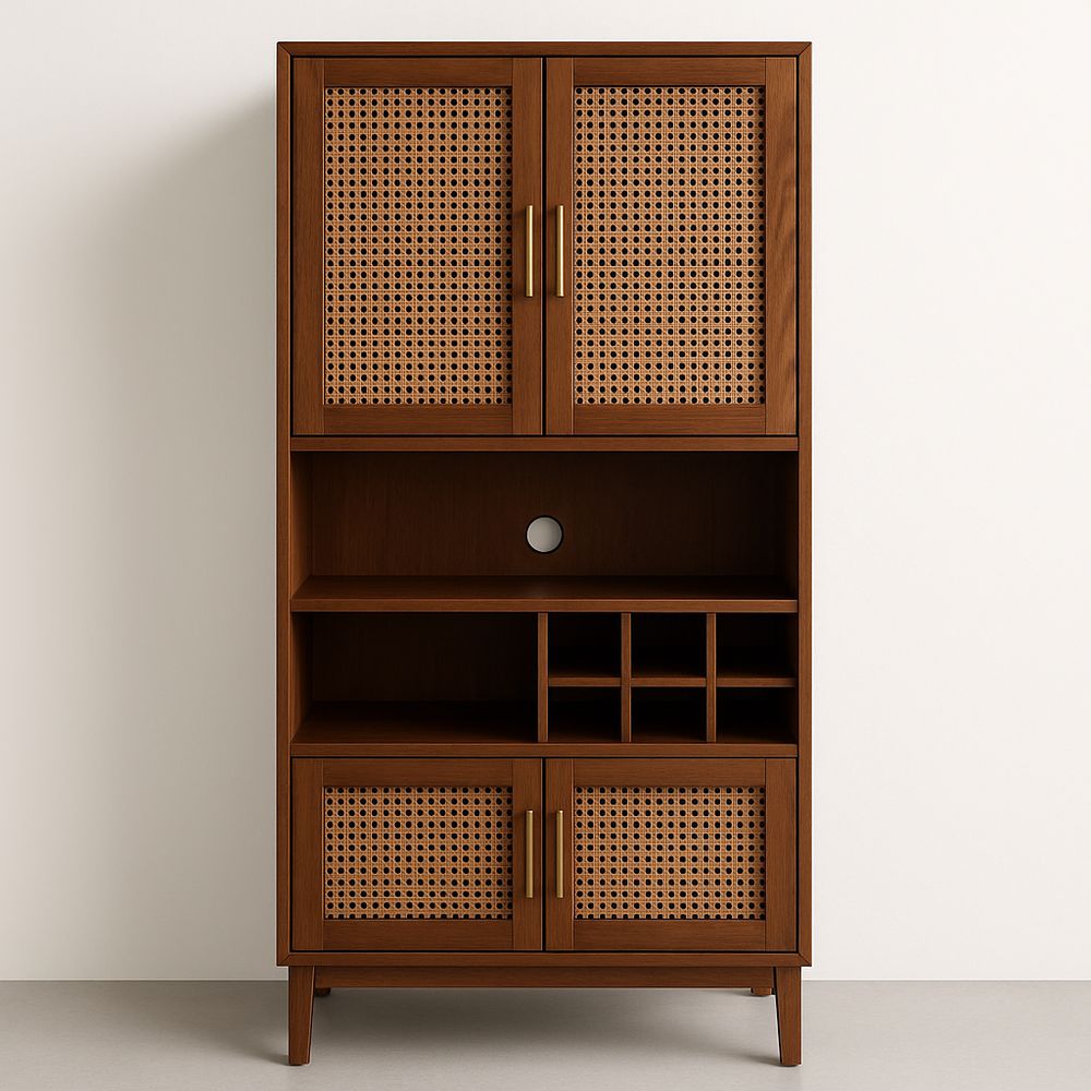 Credenza alta legno scuro ante in rattan con ripiani