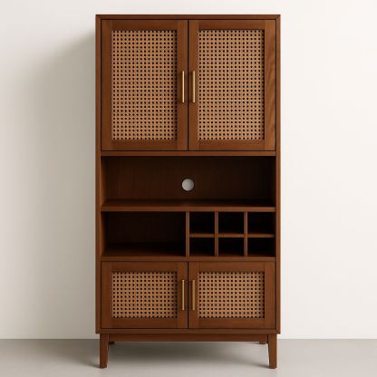 Credenza alta legno scuro ante in rattan con ripiani