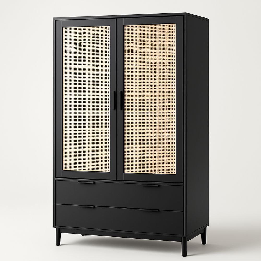 Armadio nero a due ante con rattan e cassetti