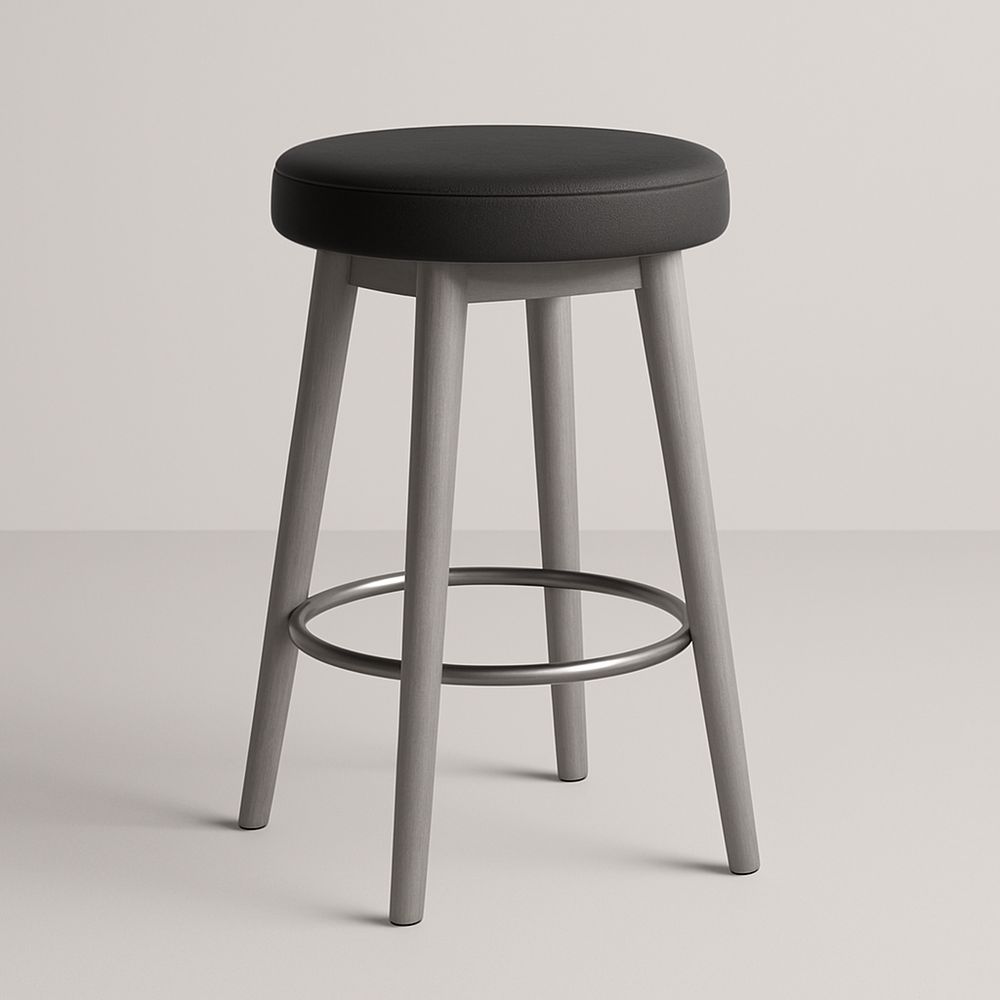 Sgabello da Bar con Seduta Rotonda in Similpelle Nera e Gambe in Legno Grigio